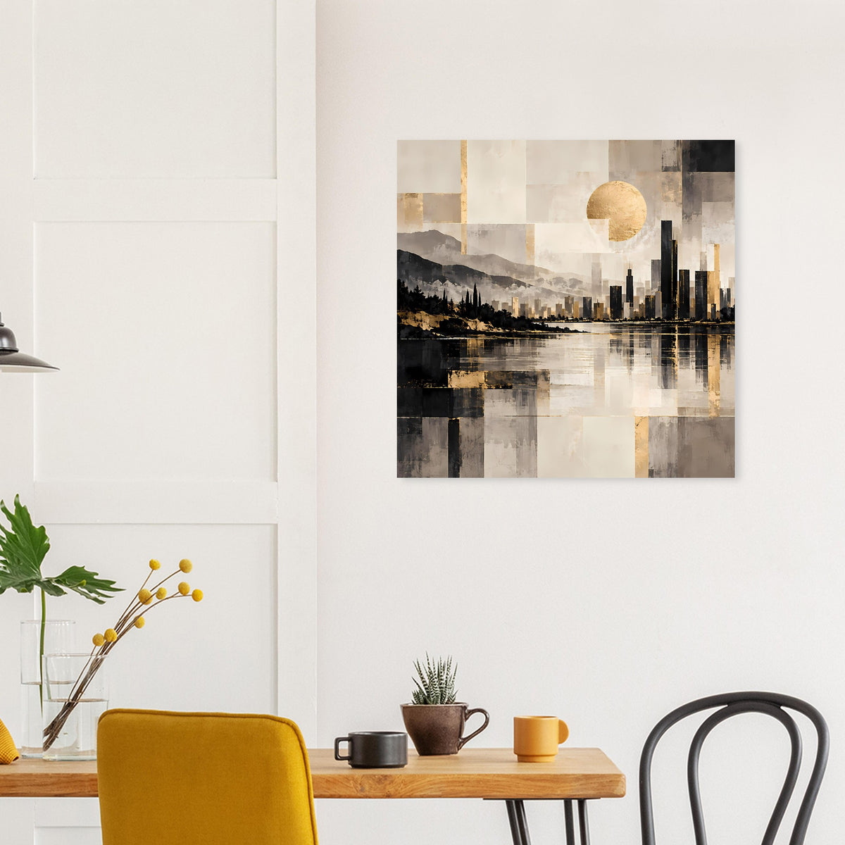 Stadtbild-Poster mit goldener Sonne, schwarzer Skyline und hellen Grau-Beige-Flächen