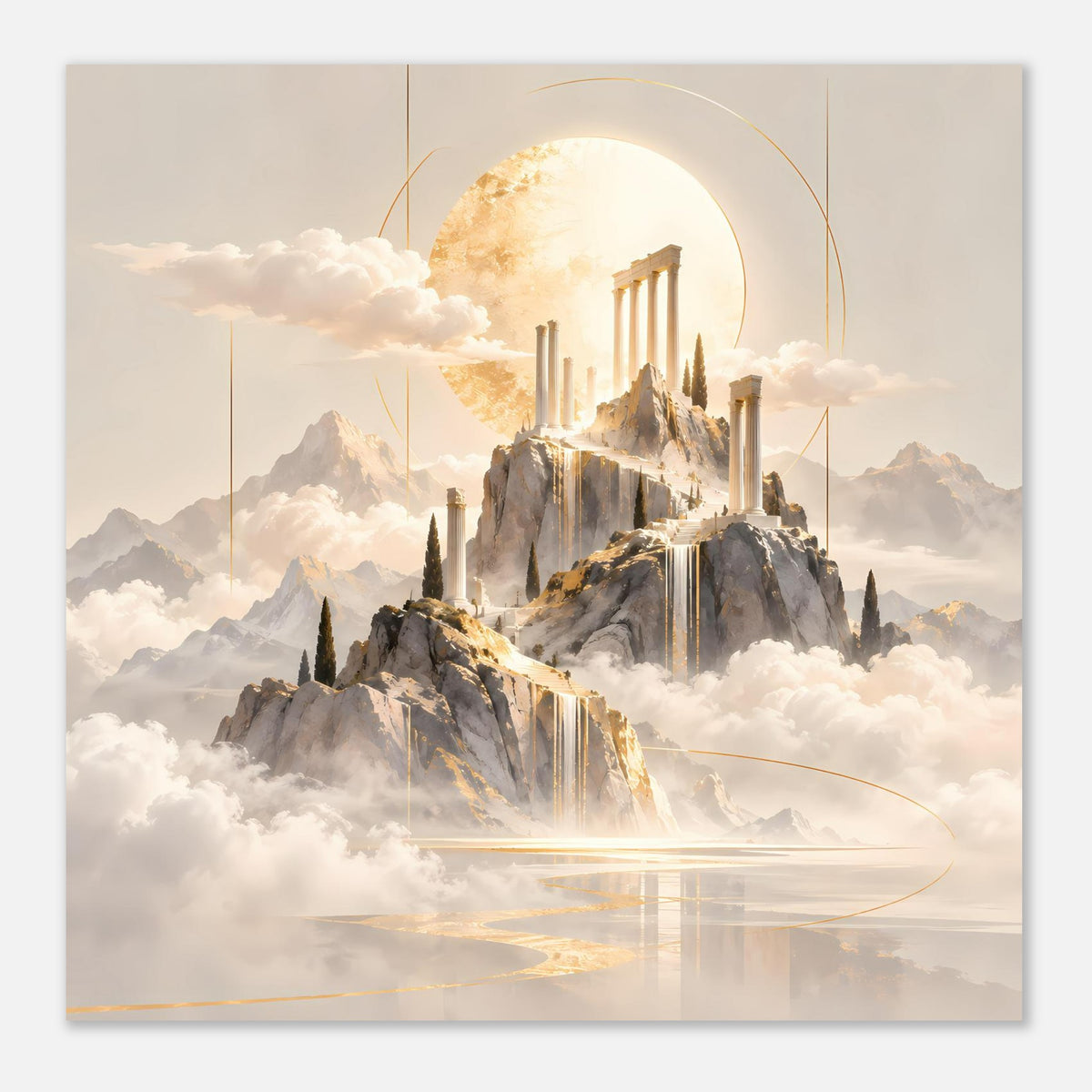 Quadratisches Poster mit goldenem Tempelmotiv auf Felsen, Sonnenkreis und Nebelmeer