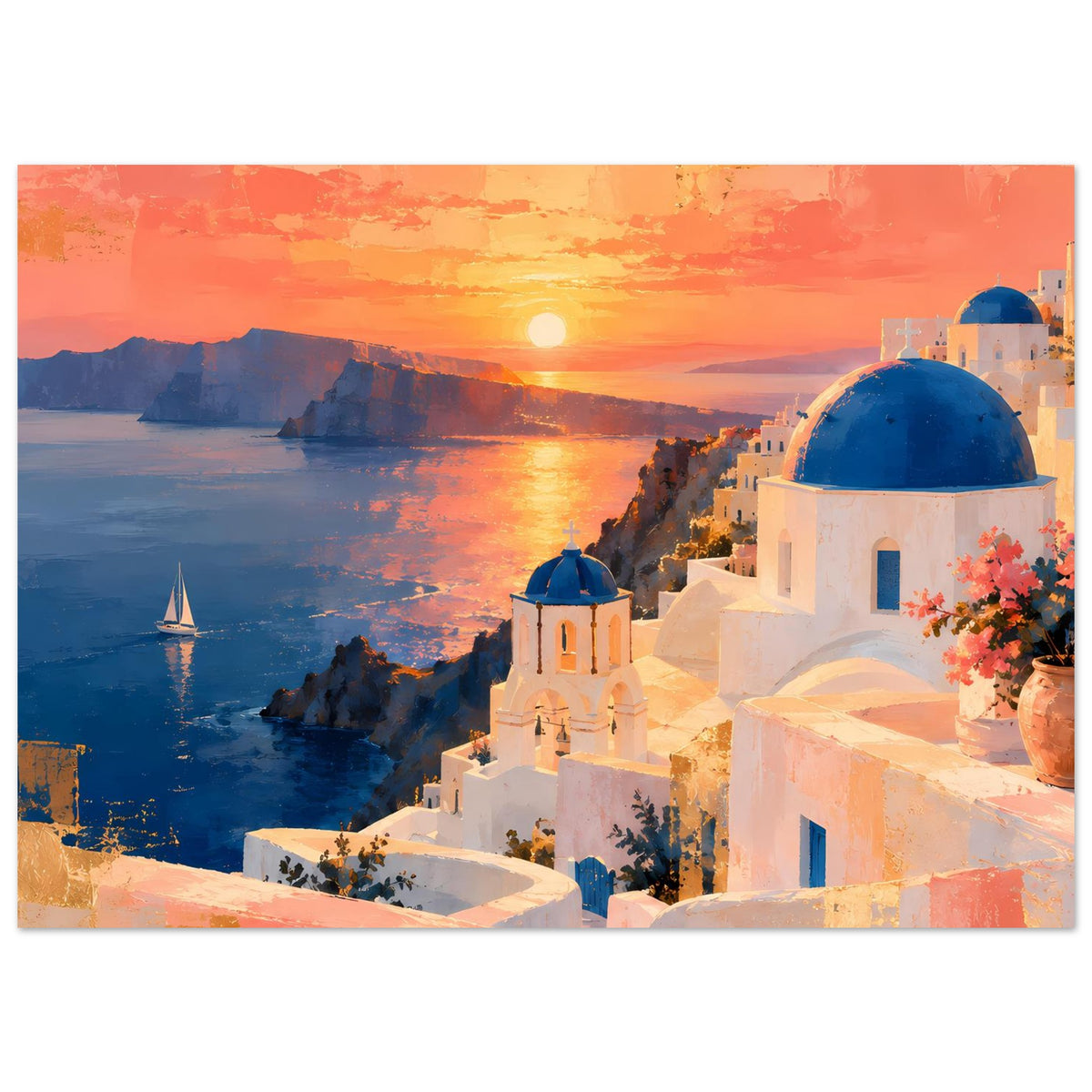 Poster mit Sonnenuntergang über Wasser, Inselkontur und weißen Häusern mit blauen Kuppeln