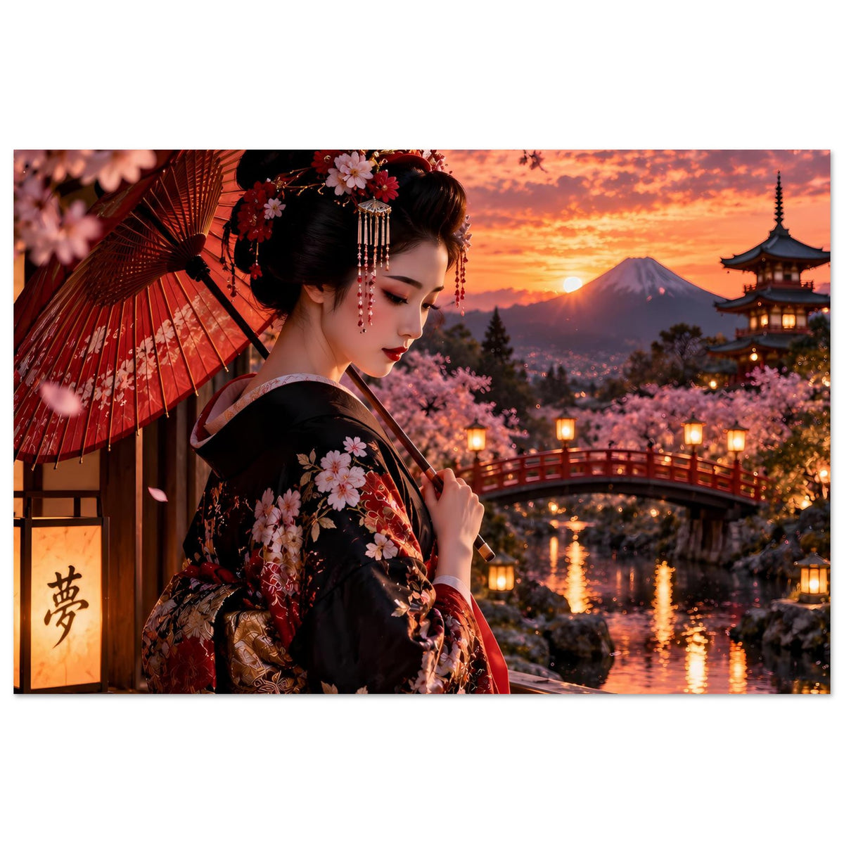 Japanisches Kimono-Poster: Frau mit Blumen-Kimono, roter Fächer und Kimonokragen