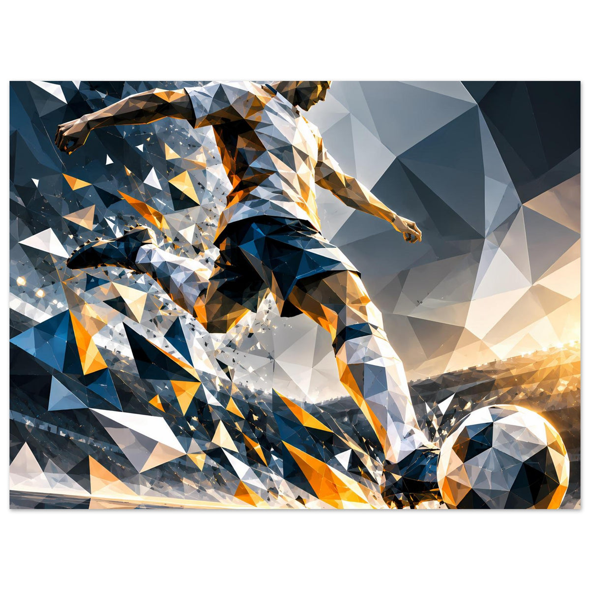 Fußballposter im Querformat: stilisierter Spieler mit Ball, geometrisches Blau und Orange.