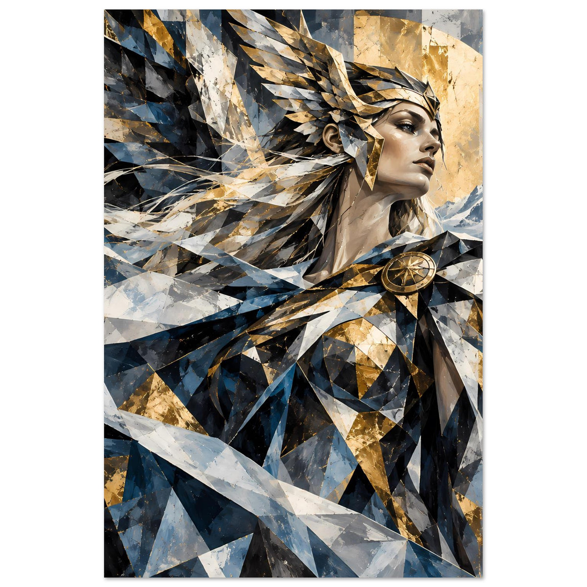 Geometrisches Poster mit Frauenprofil, blauen und goldenen Facetten, zentralem Emblem