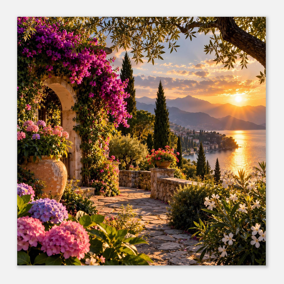 Sonnenuntergang-Poster im Hochformat: Blumenbeete, Bogenwand und Sonnenuntergang über dem See