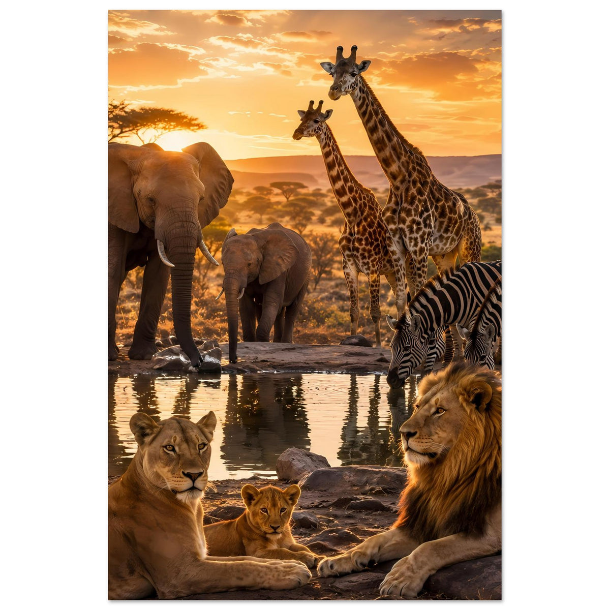 Poster im Hochformat mit Löwen, Elefanten, Giraffen und Zebra vor einer Wasserstelle