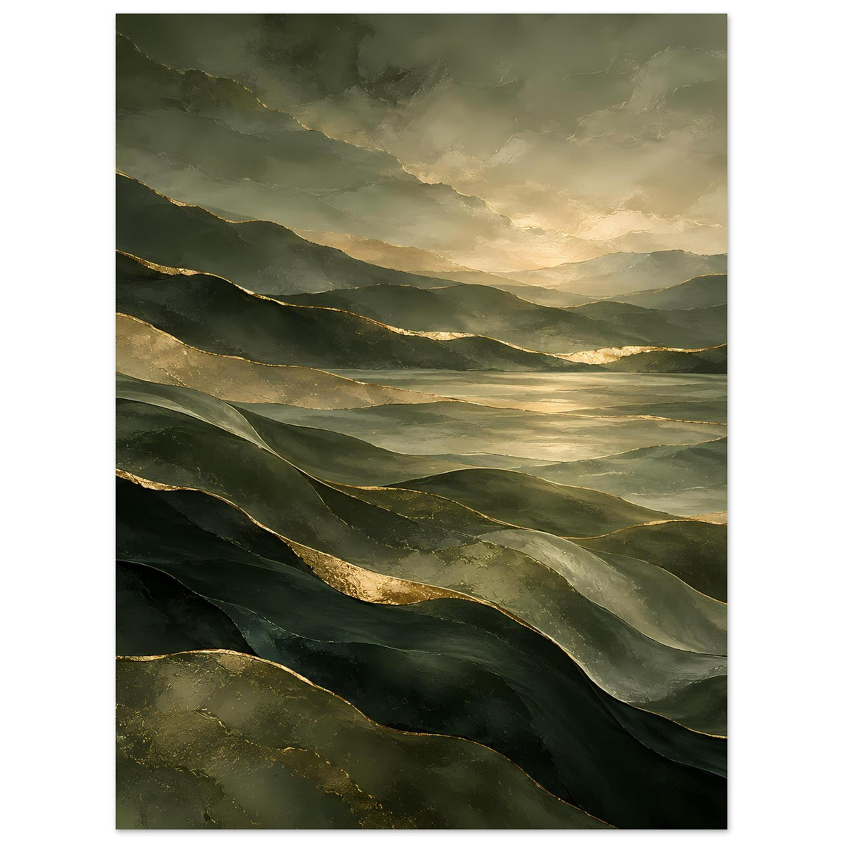 Landschafts-Poster mit grünen Hügeln und goldenen Lichtlinien, dramatischer Sonnenuntergang