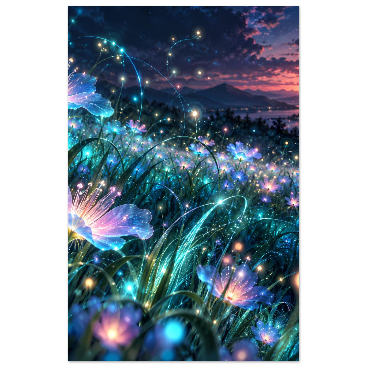 Blumenposter mit leuchtenden blauen Blüten, funkelnden Lichtkugeln und Landschaft bei Sonnenuntergang