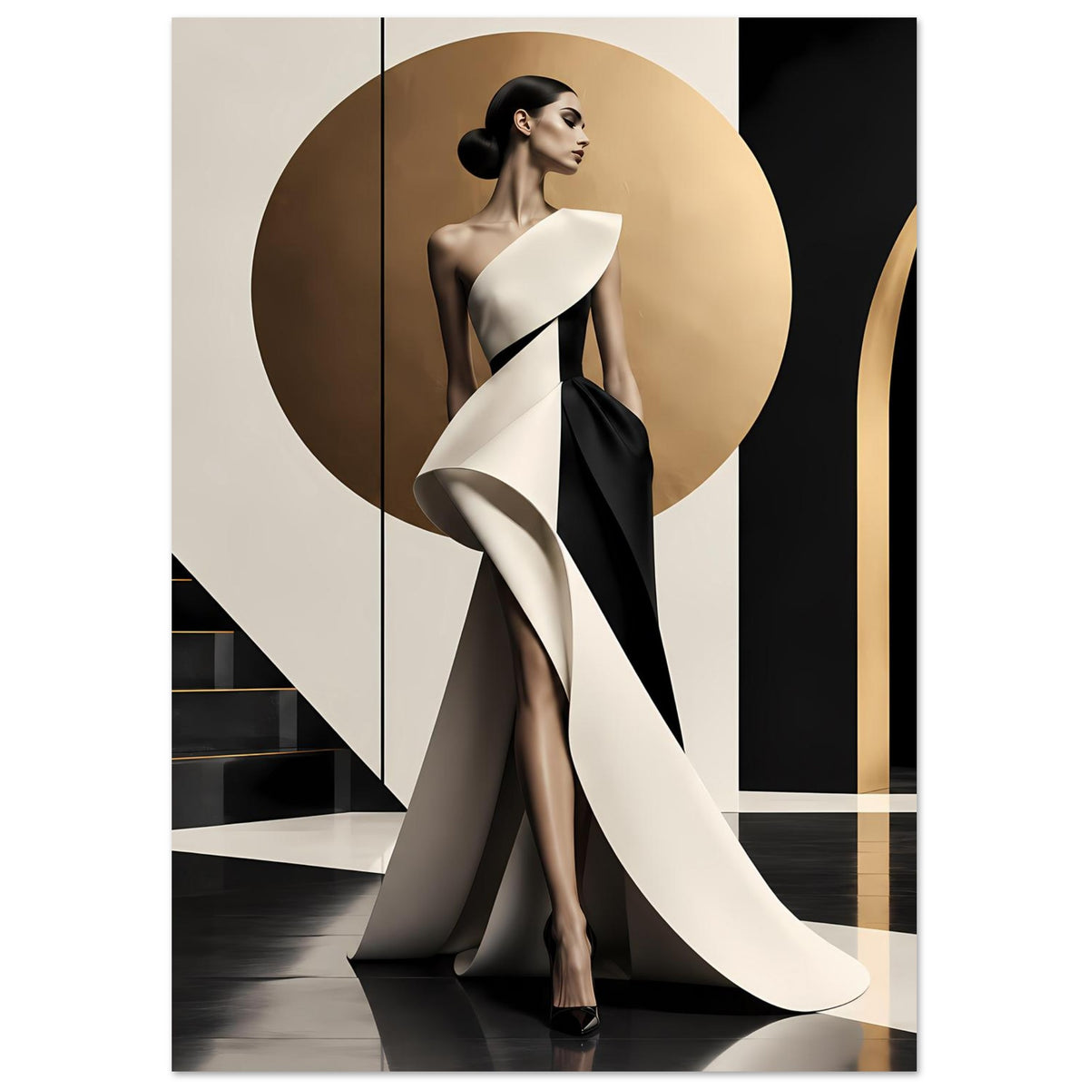 Wandposter mit stilisierter Frau in Profilansicht, weißem Cape-Kleid und dunklem Akzent.