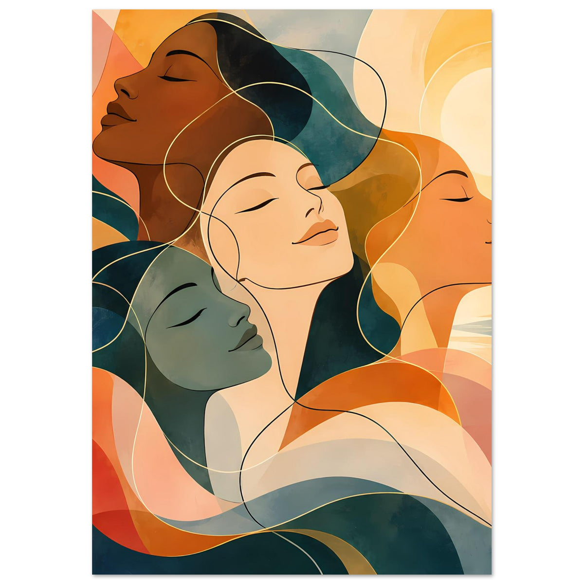 Kunstposter mit vier abstrakten Frauenprofilen, Erdtöne, Blau und gelbliche Kreise