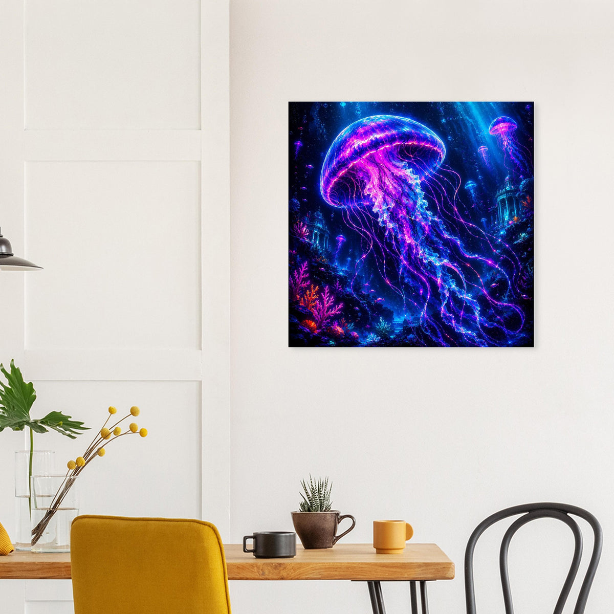 Wandposter mit glühender Qualle: violette Lichtlinien in blauem Unterwasser-Szenario