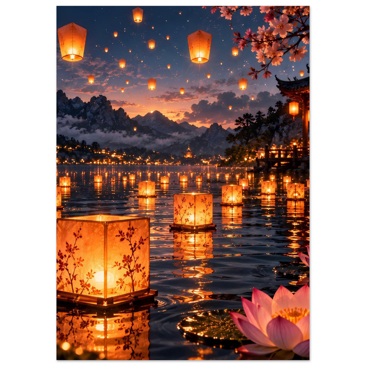 Laternenfest-Poster mit Laternen am See und Lotusblüte im Vordergrund