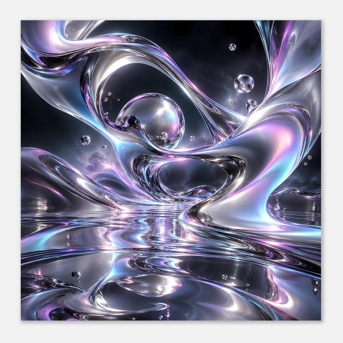 Chrom-Liquid-Poster (Querformat) mit fließenden Metallkurven und funkelnden Glaskugeln