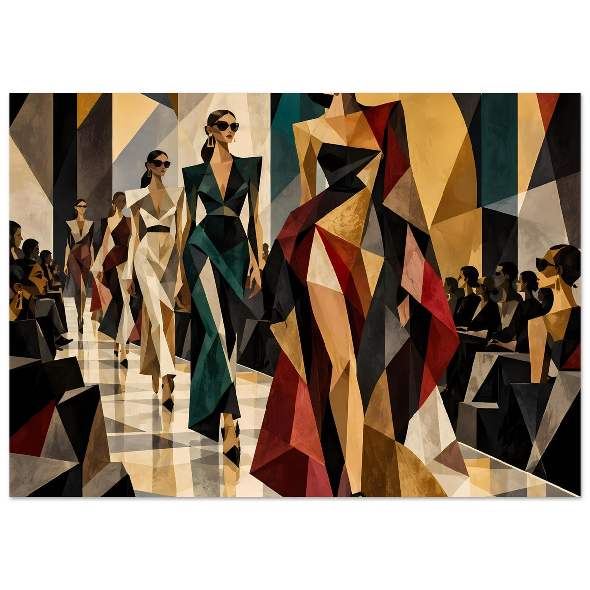 Fashion-Poster mit geometrischem Laufstegmotiv, Frauen in Juwelenfarben, im schwarzen Rahmen