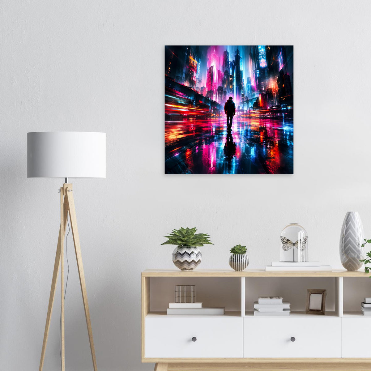 Quadratisches Cyberpunk-Poster mit Neonstadt, Silhouette und Spiegelungen