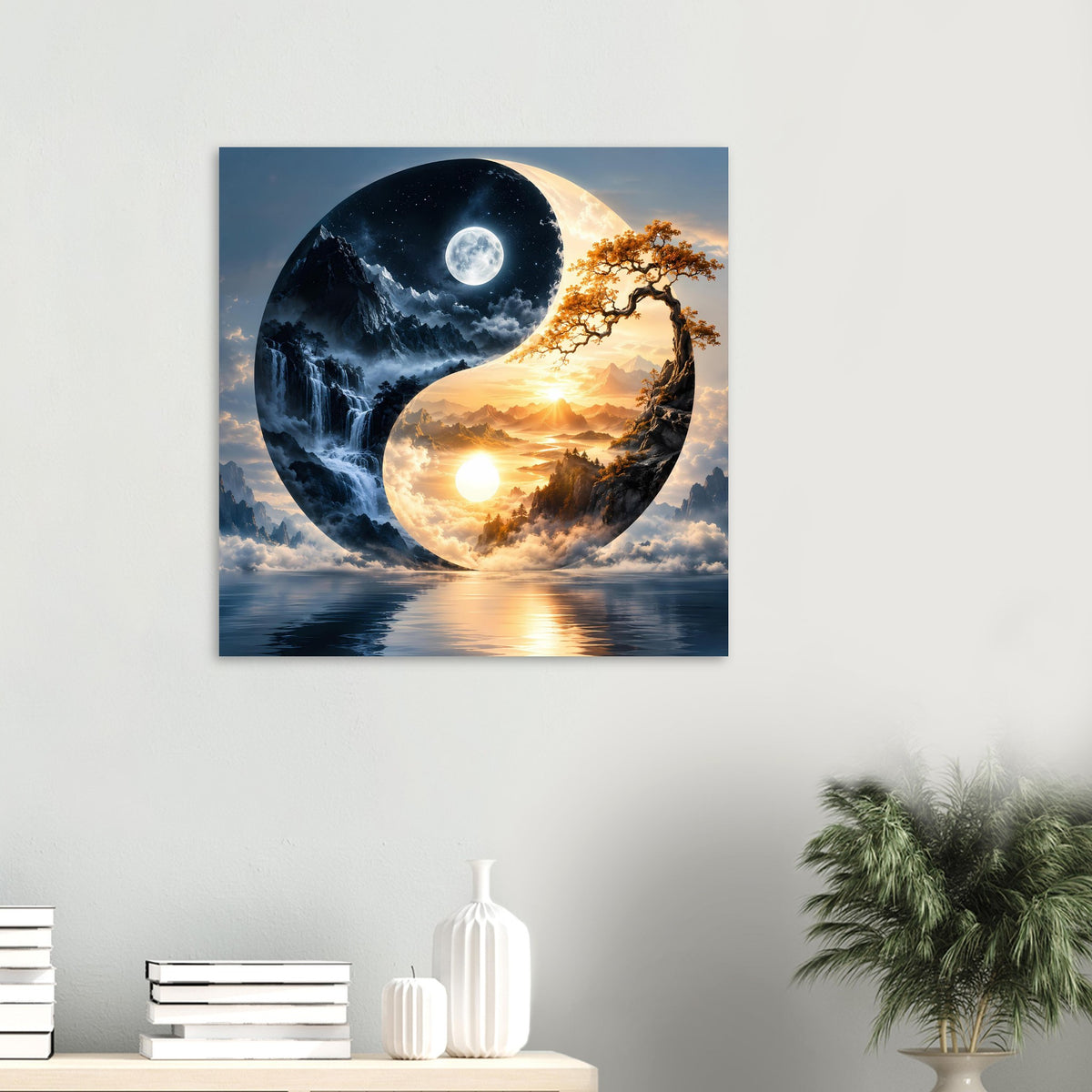 Kleines Wandposter im Rahmen: Yin-Yang-Szene mit Mond, Sonne, See und Berge
