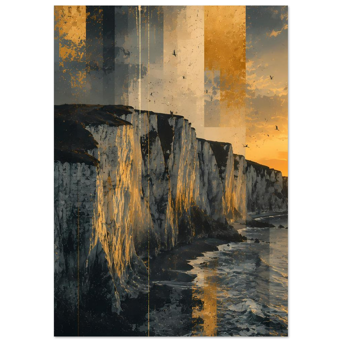 Poster mit Küstenklippen, Meer und goldenem Lichtstreifen am Horizont