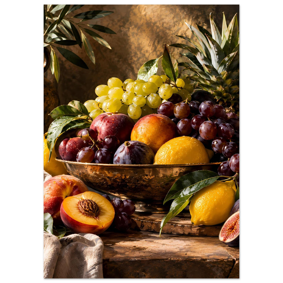 Obststillleben-Poster mit Schale voller Trauben (hell bis dunkel), Zitrusfrucht und Blättern