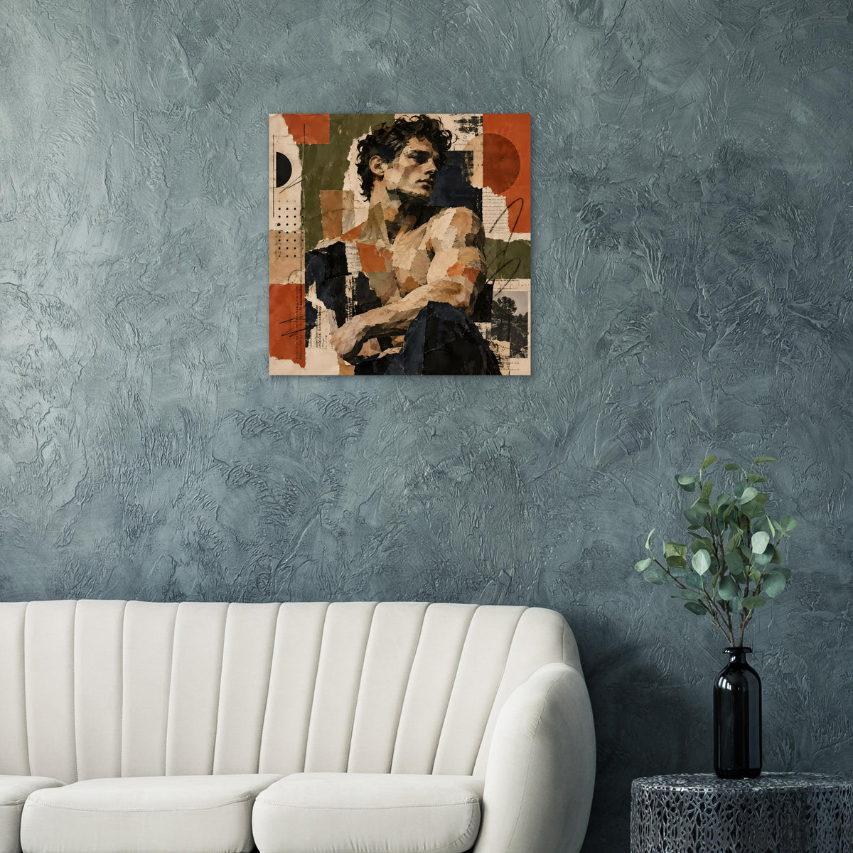 Vintage-Collagekunst-Poster mit Frauenporträt in Erdtönen, abstrakte Collage mit Rotbraun-Flächen