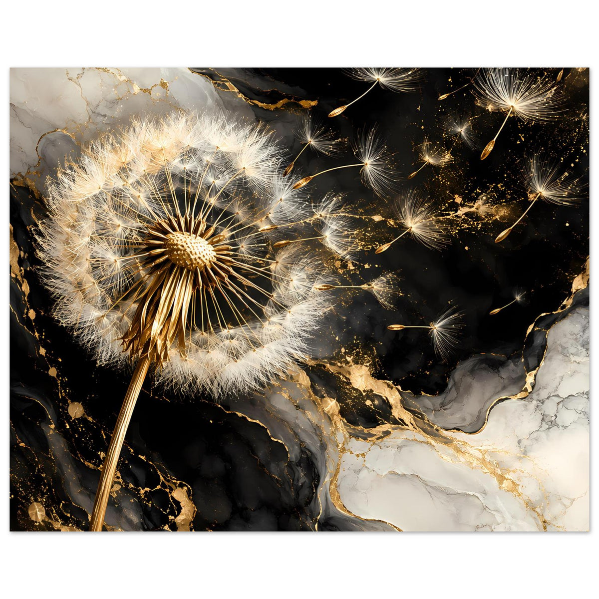 Poster im Hochformat mit Pusteblume, goldenen Samen und schwarzen-beigen Marmorelementen