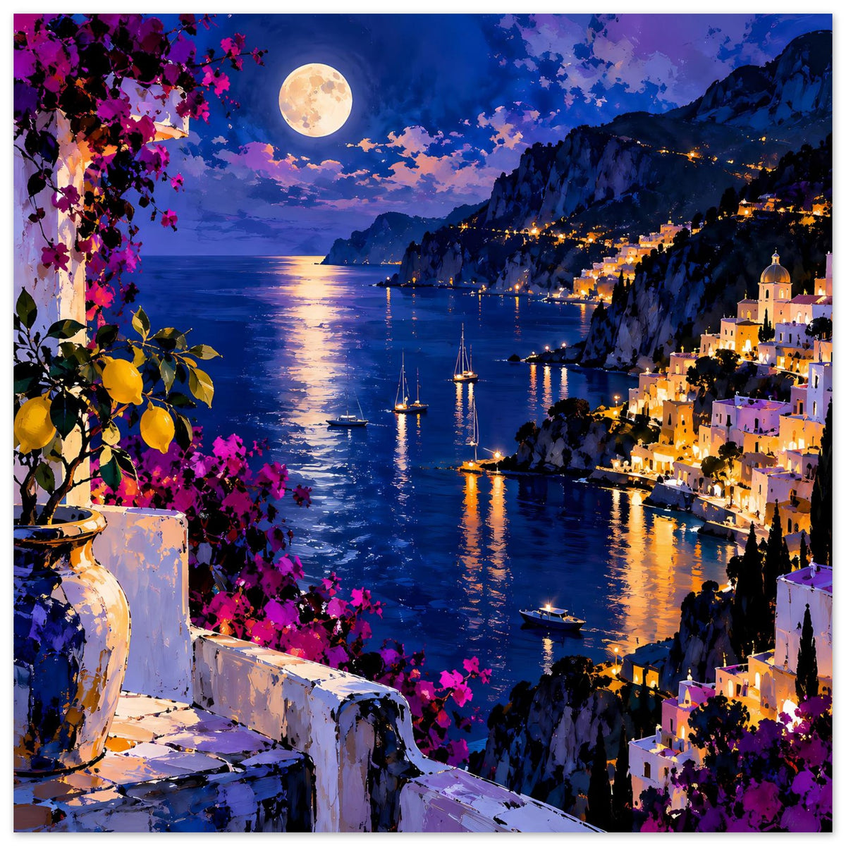 Mediterrane Nachtlandschaft mit Mondspiegelung auf tiefblauem Meer
