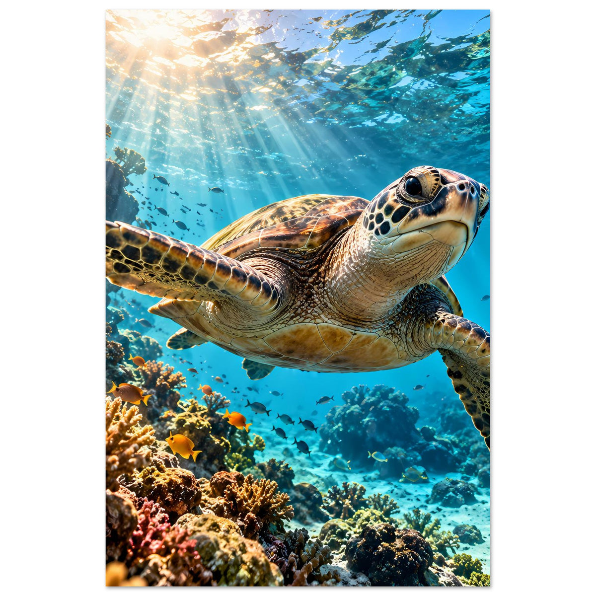 Unterwasser-Schildkrötenposter im Hochformat: Schildkröte schwimmt durch das blaue Meerwasser