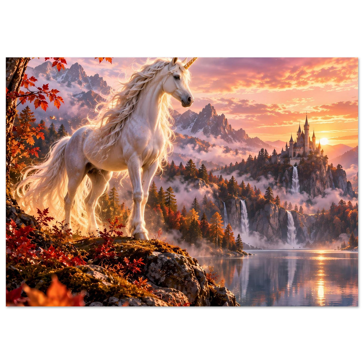 Fantasyposter mit weißem Einhorn auf Felsen, Herbstlaub im Vordergrund, Schloss bei Sonnenuntergang