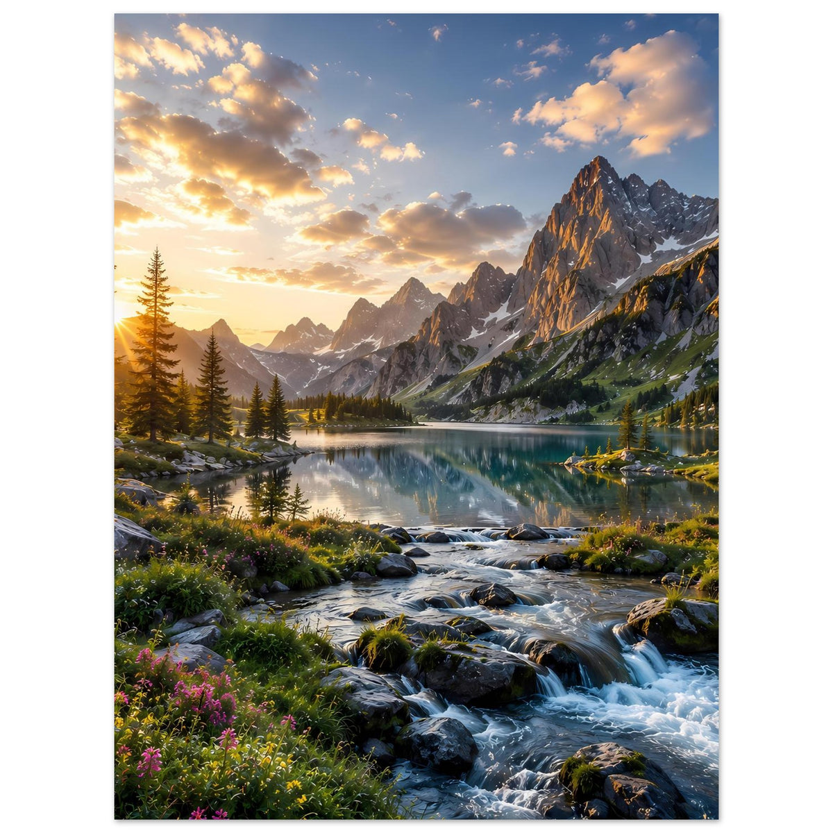 Landschafts-Poster mit Bergsee, Wasserfall und Fichten bei Sonnenaufgang