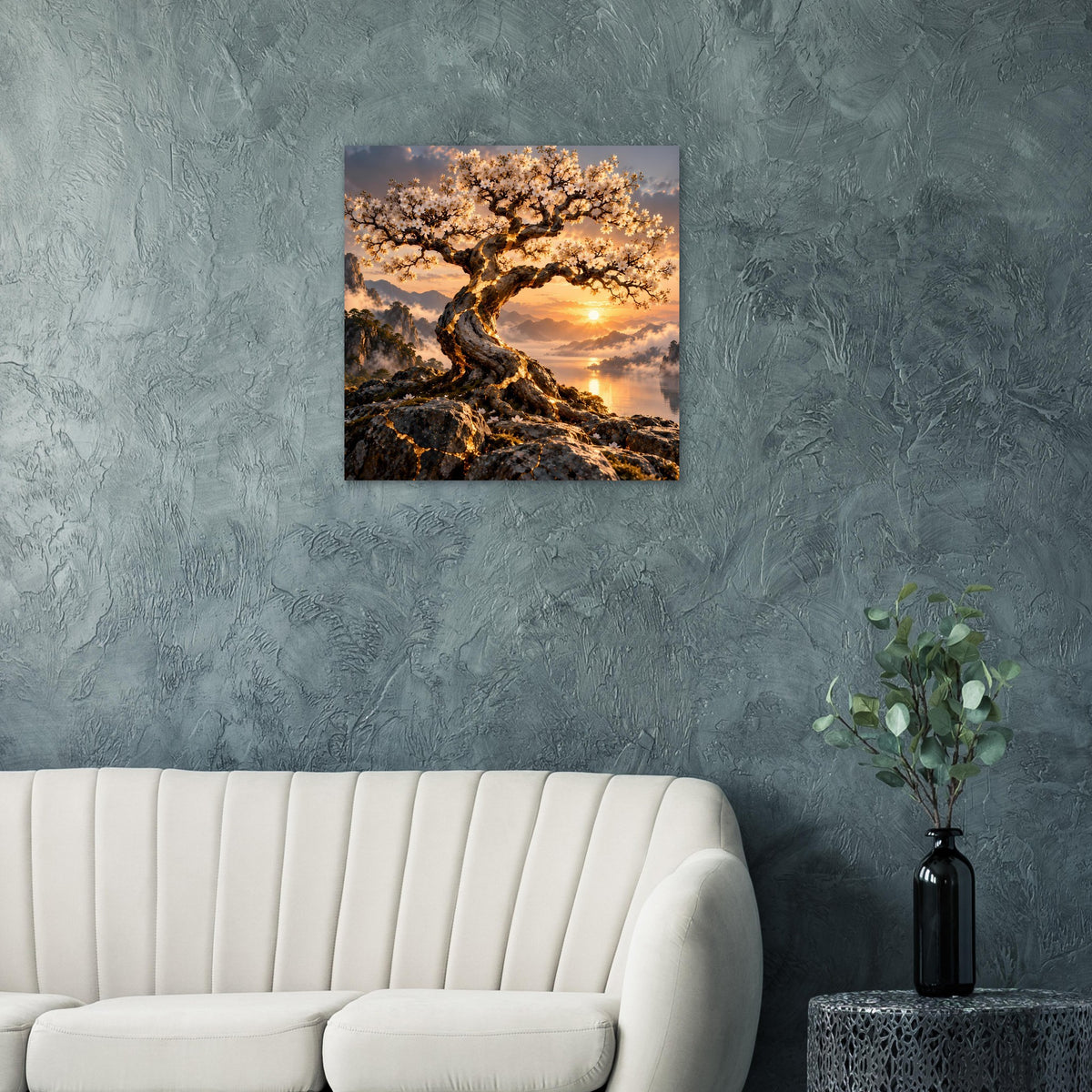 Quadratisches Poster mit blühendem Baum und warmem Sonnenuntergang, ruhiges Landschaftsmotiv