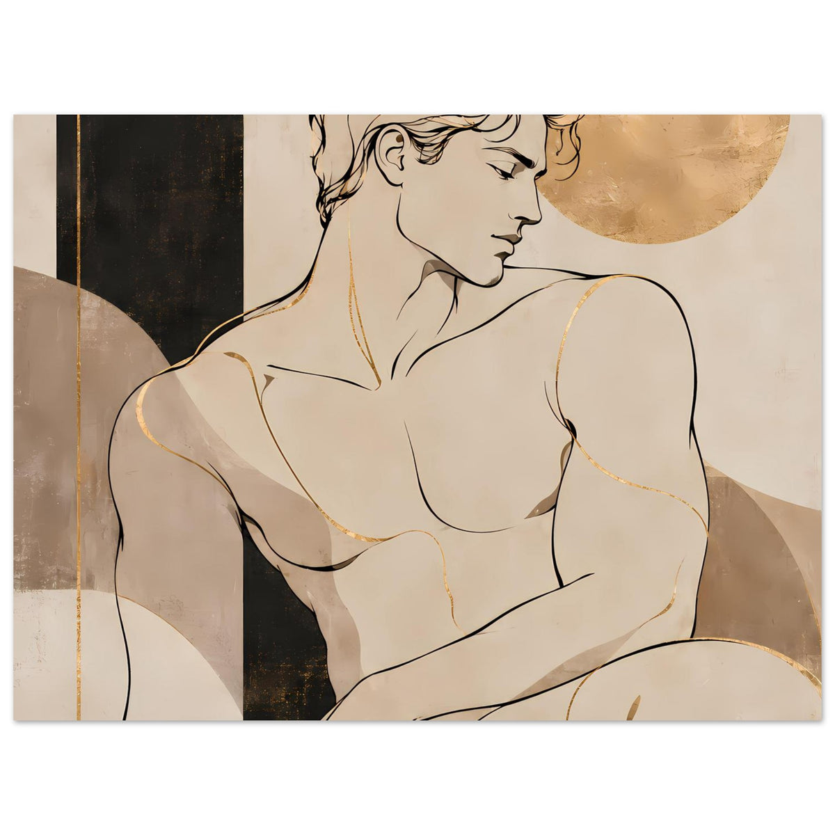 Kunstposter mit Aktfigur, warmes Erdtöne-Layout mit goldener Halbkugel, horizontal