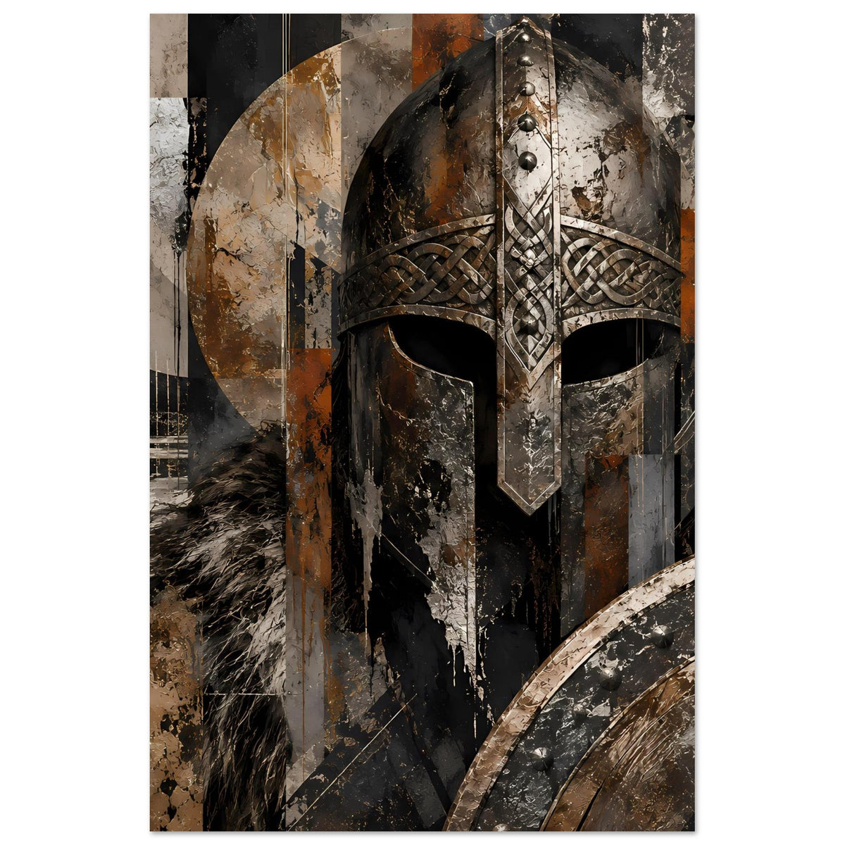 Wikingersoldaten-Poster: Helm und Kreuzornament im Brustbereich, erdige Braun-Grau-Schwarz