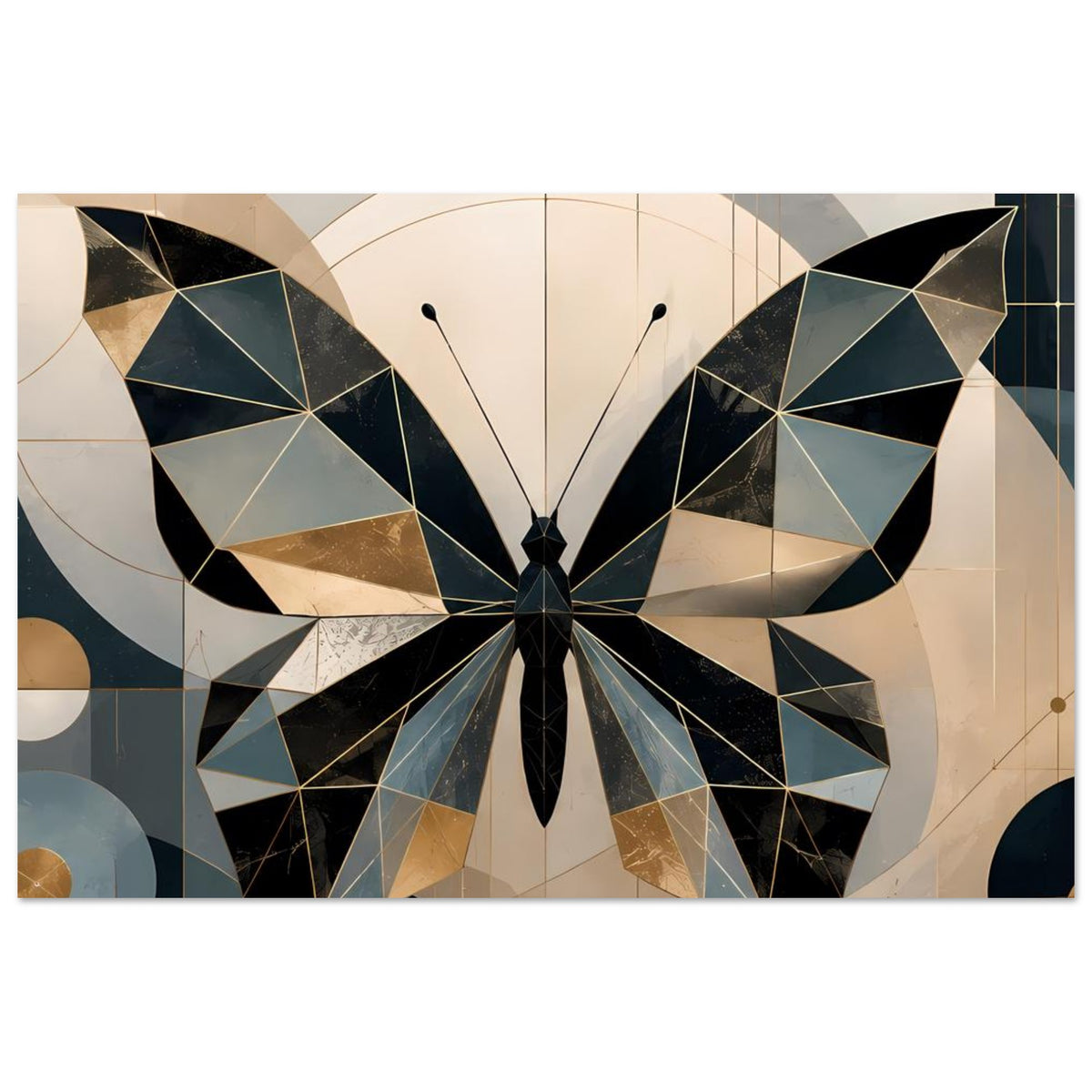 Geometrisches Schmetterlingsposter: großer Schmetterling in Petrol-, Gold- und Schwarzflächen