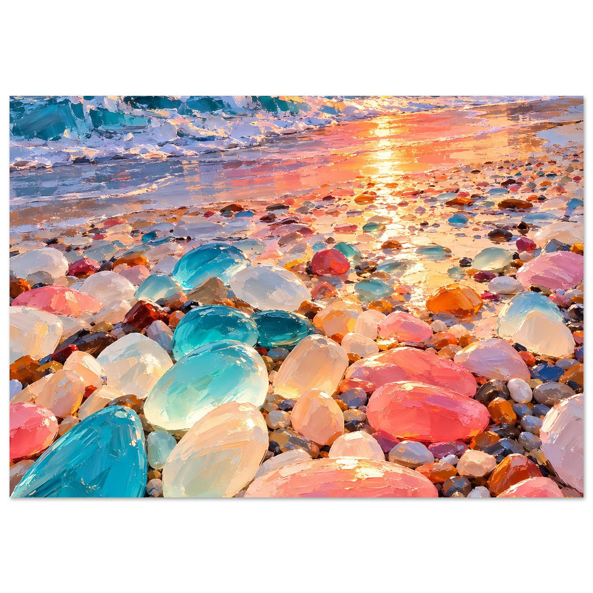 Wandposter mit Sonnenuntergang, schimmernden Strandsteinen und ruhiger Meereslinie
