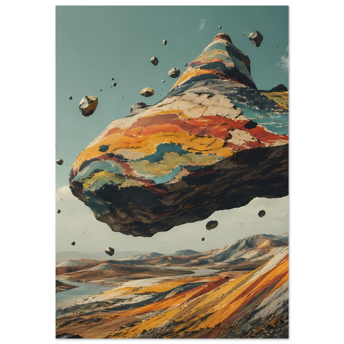 Poster mit schwebendem Felsberg und Gesteinsfragmenten in kräftigen Farben, vertikal