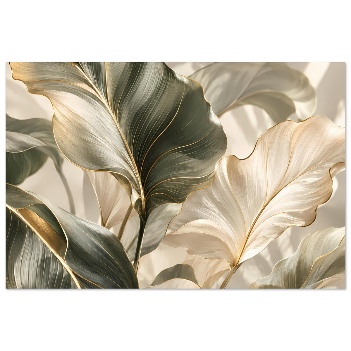 Pflanzenposter mit Palmenblatt-Illustration in Grün, Creme und Gold, großzügig zugeschnitten