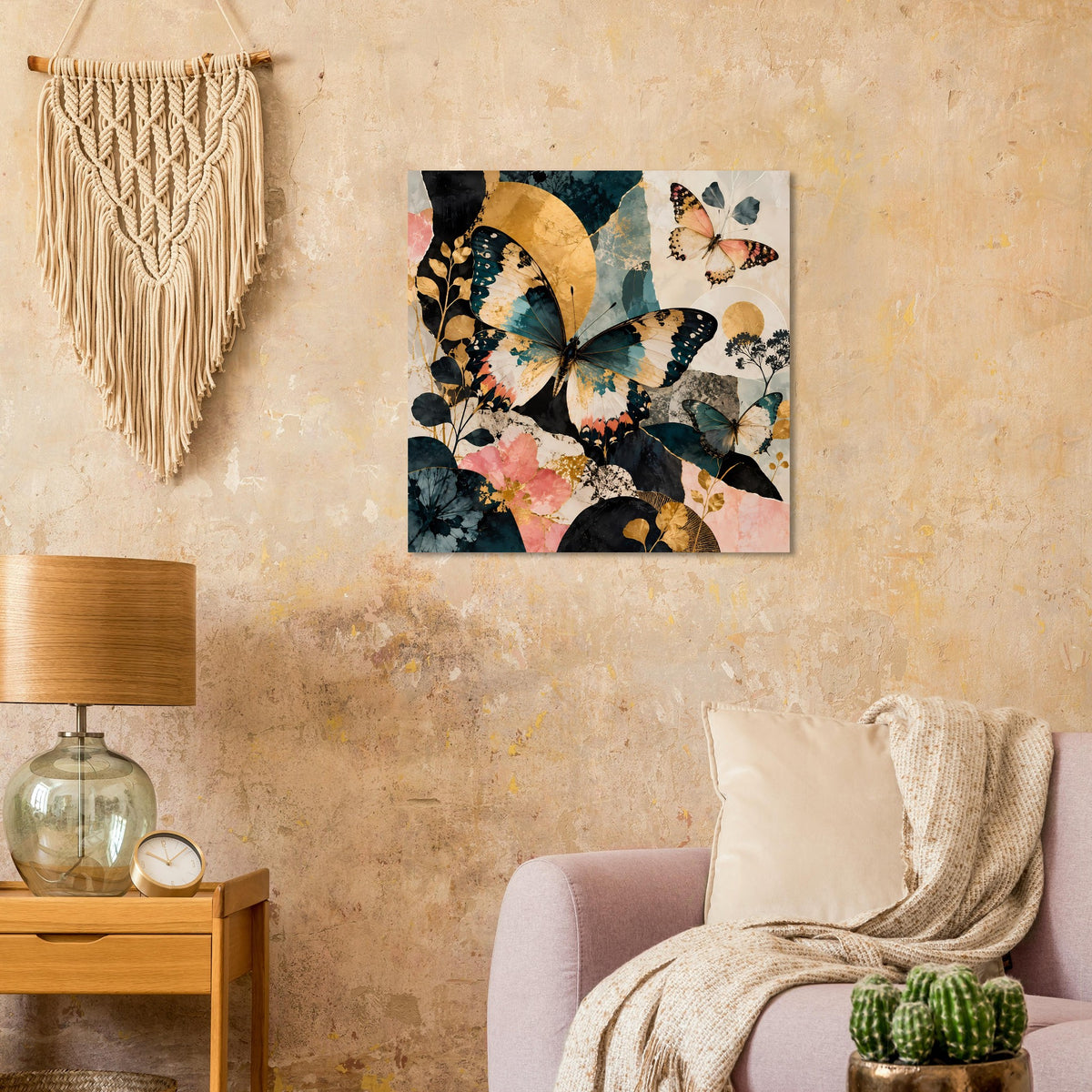 Quadratisches Kunstposter: große blaue Schmetterlinge mit goldenen Akzenten und Pfirsichsprenkeln