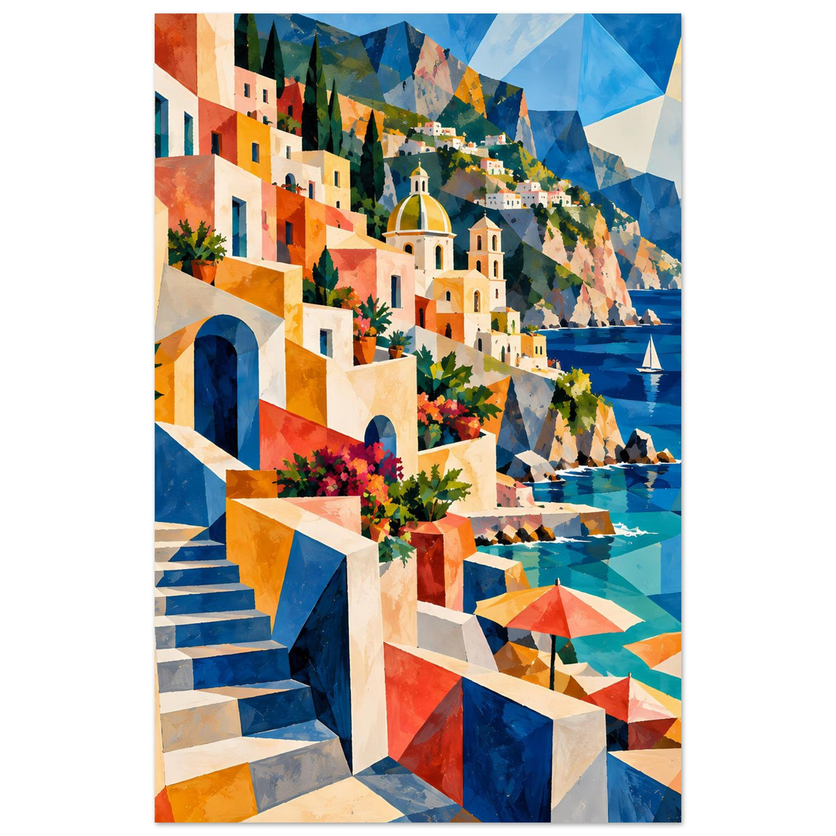 Vertikales Poster mit mediterraner Küste: Treppe, Häuser mit Kirchturm und Segelboote