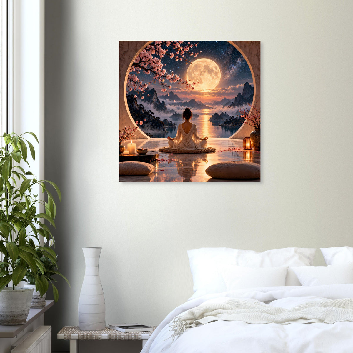 Meditationsposter mit Vollmond und ruhiger Landschaft; Person sitzt im Schneidersitz am Ufer.