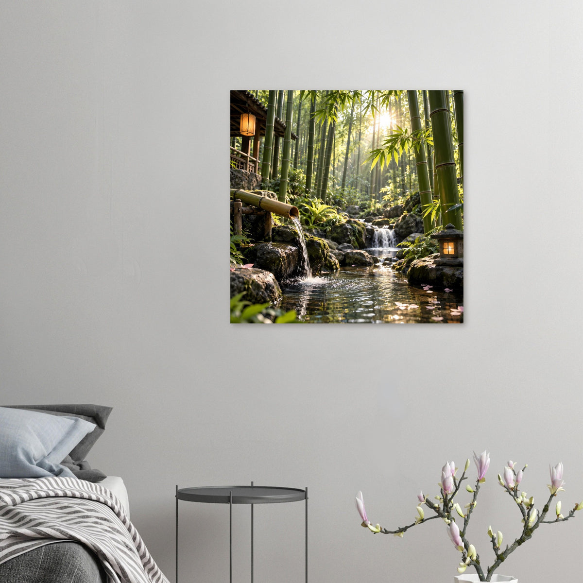Kleines Wandposter mit Bambuswald und Wasserfall, Wasserbecken und Bambusfelsen