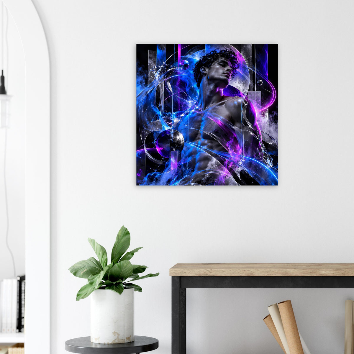 Rechteckiges Poster mit Energiefigur in Blau und Violett, abstrakte Partikel und Kreise