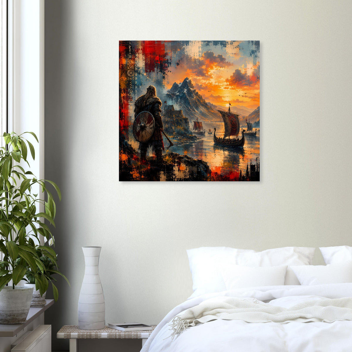 Quadratisches Poster mit Wikingerkrieger und Schild, Langboot auf ruhigem Wasser, orange Himmel
