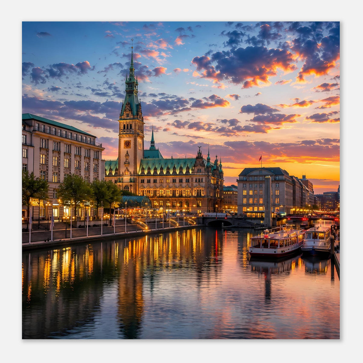 Poster im Querformat: Fluss mit Spiegelungen, Skyline mit Turm und warmem Abendlicht am Ufer.