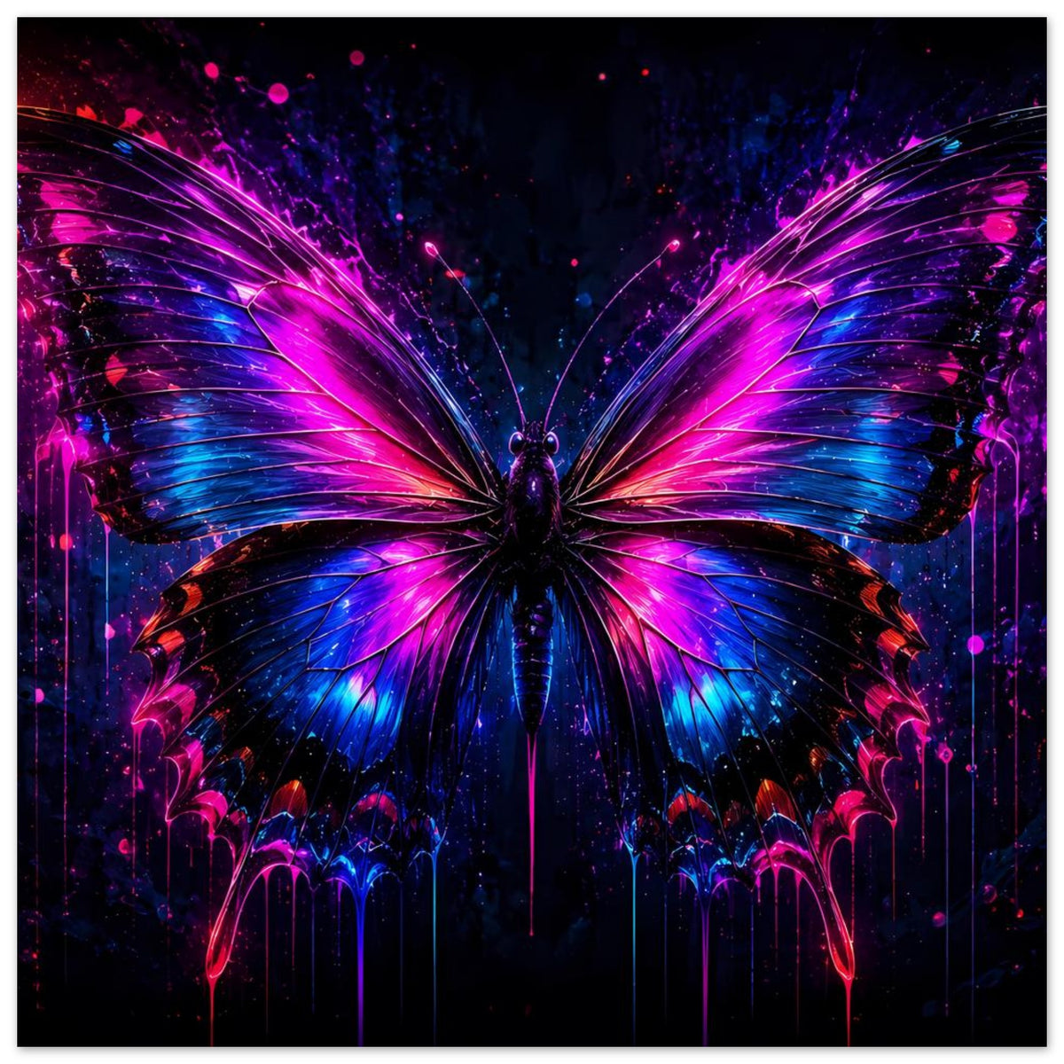 Neon-Schmetterlingsposter mit Flügeln in Magenta, Blau und dunklem Rot, horizontal