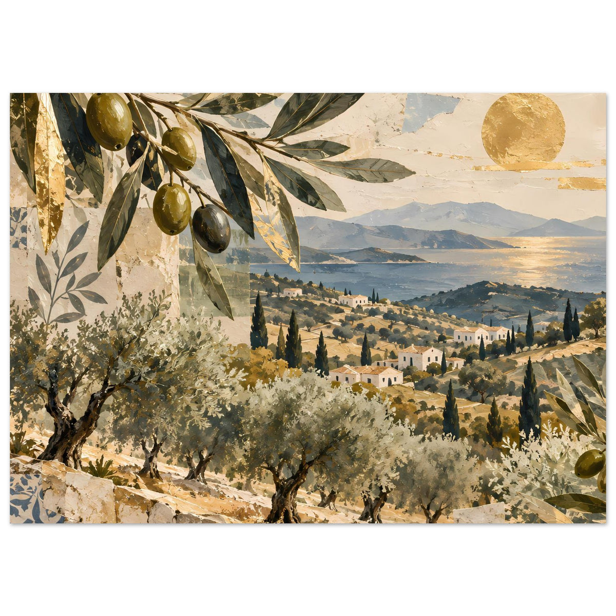 Mediterranes Olivenhain-Poster, querformatig: Olivenblätter, üppiger Olivenhain und Hügelstadt