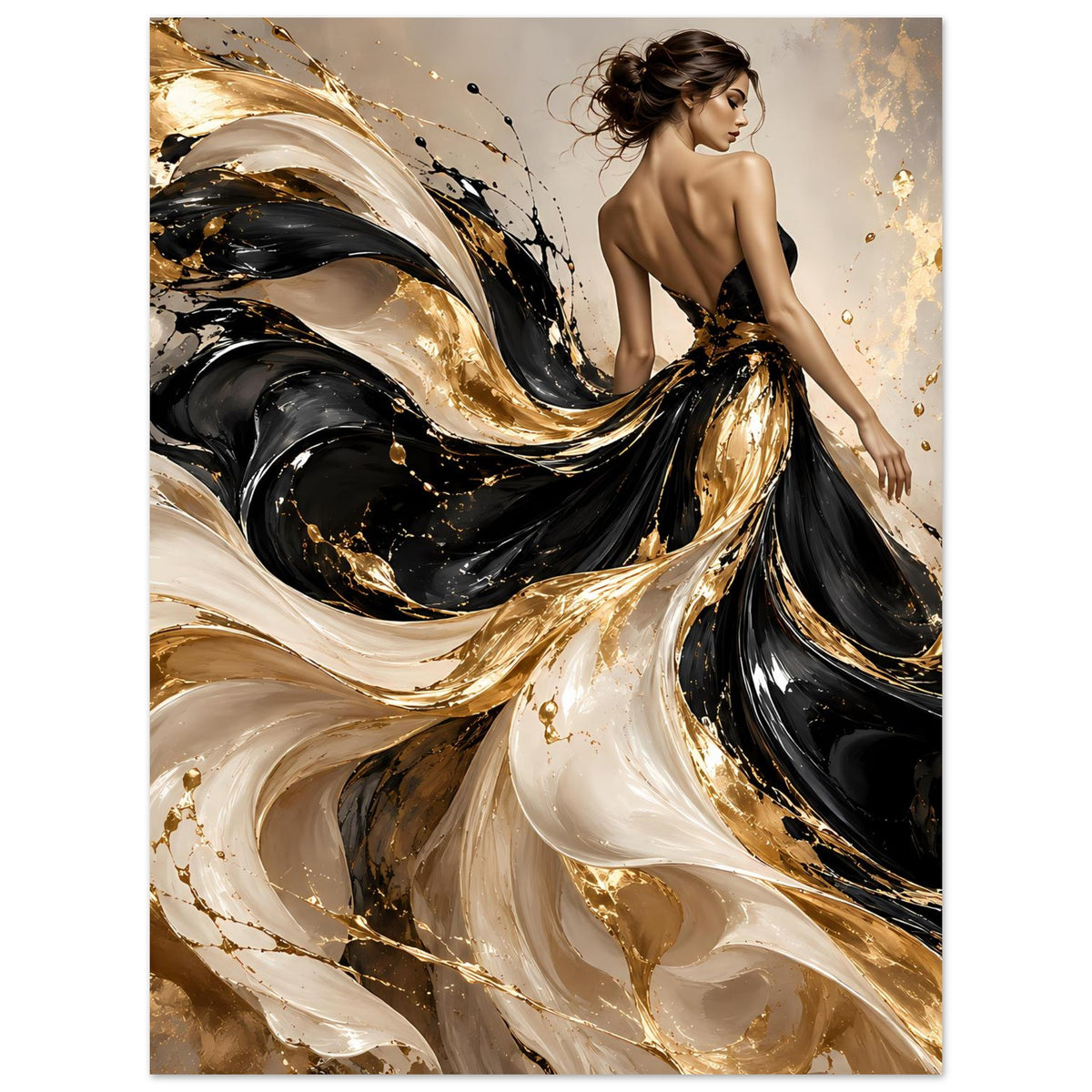 Kunstposter mit geschwungenen Wirbeln in Schwarz, Gold und Elfenbein; Frauenfigur seitlich