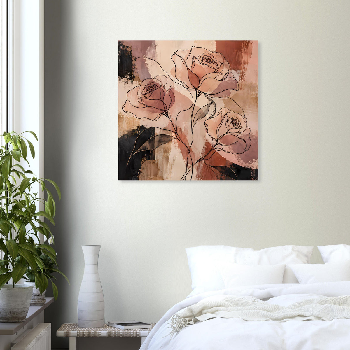 Abstraktes Rosenlinienkunst-Poster an heller Wand, Rosen in Braun- und Terrakottatönen