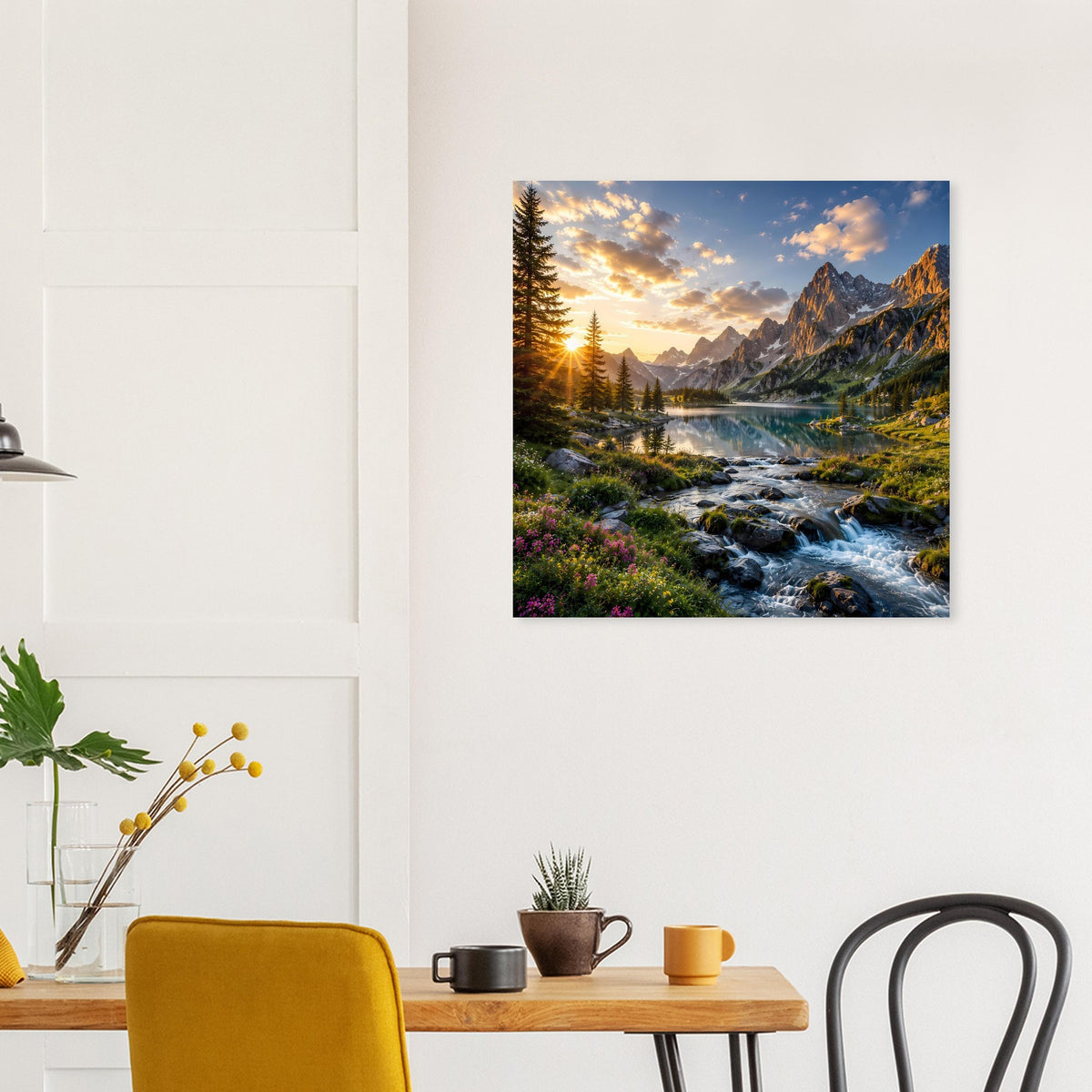 Gerahmtes Poster mit Bergfluss im Tal bei Sonnenaufgang, Fichten und schroffen Gipfeln.