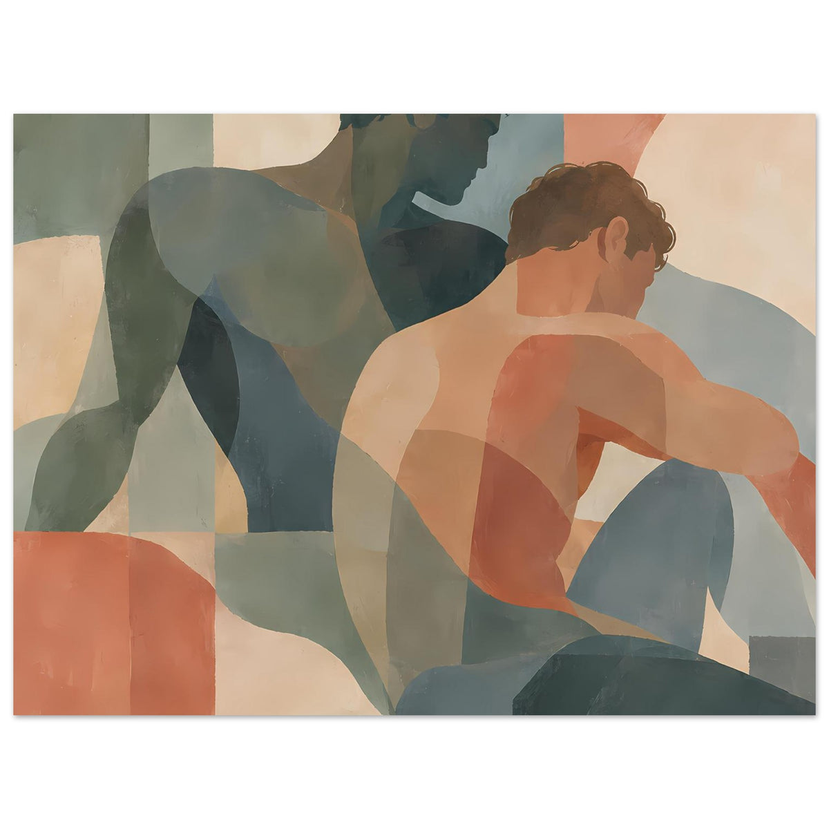 Abstrakter Posterprint mit zwei Figuren, sanfte Terrakotta- und Blaunuancen, mit Rahmen