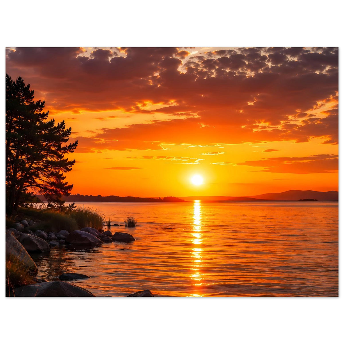 Poster mit Sonnenuntergang am See, orangefarbener Himmel, Spiegelung im Wasser und Steinen