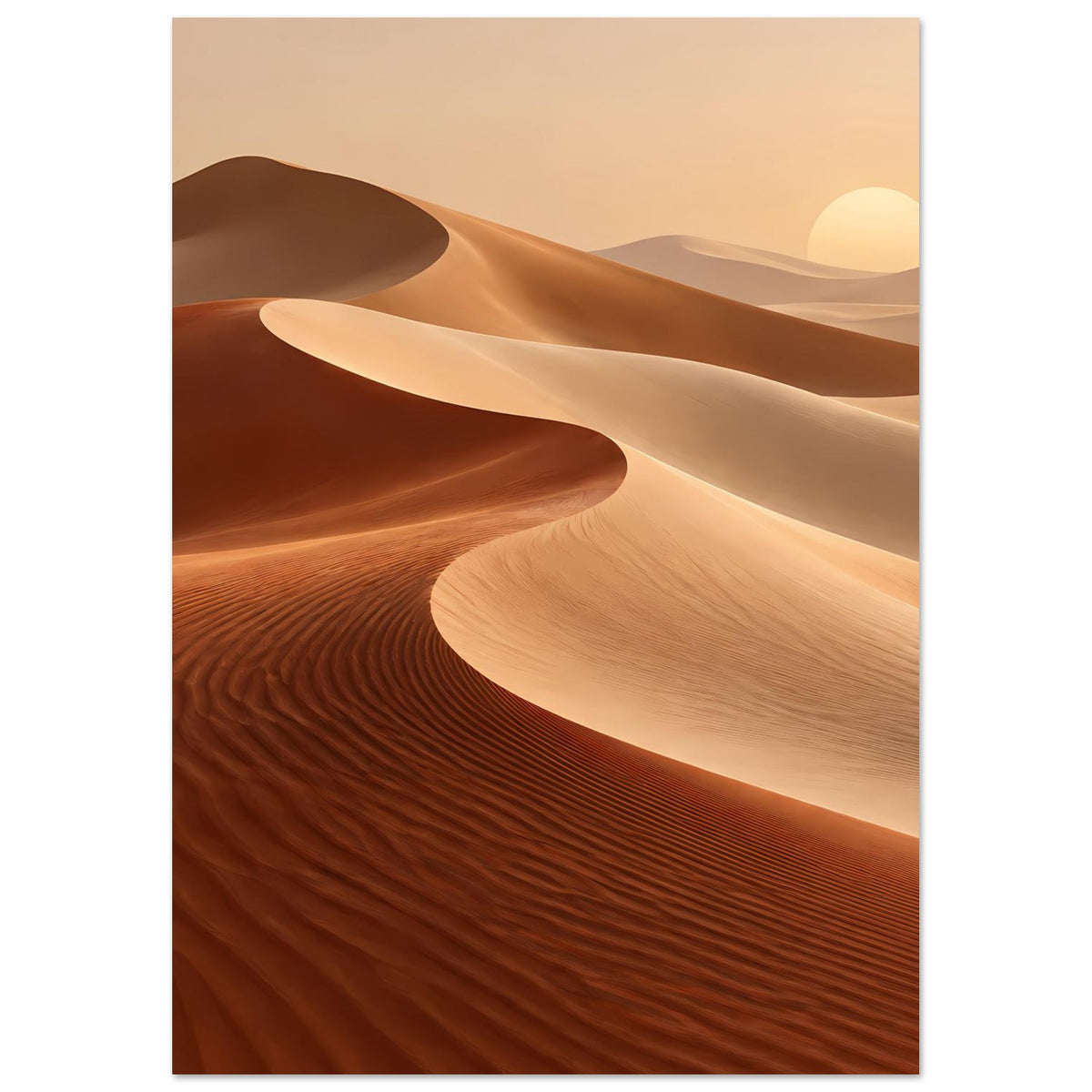 Wandposter mit weitläufigen Sanddünen, helle Düne mit weichen Schatten in Erdfarben