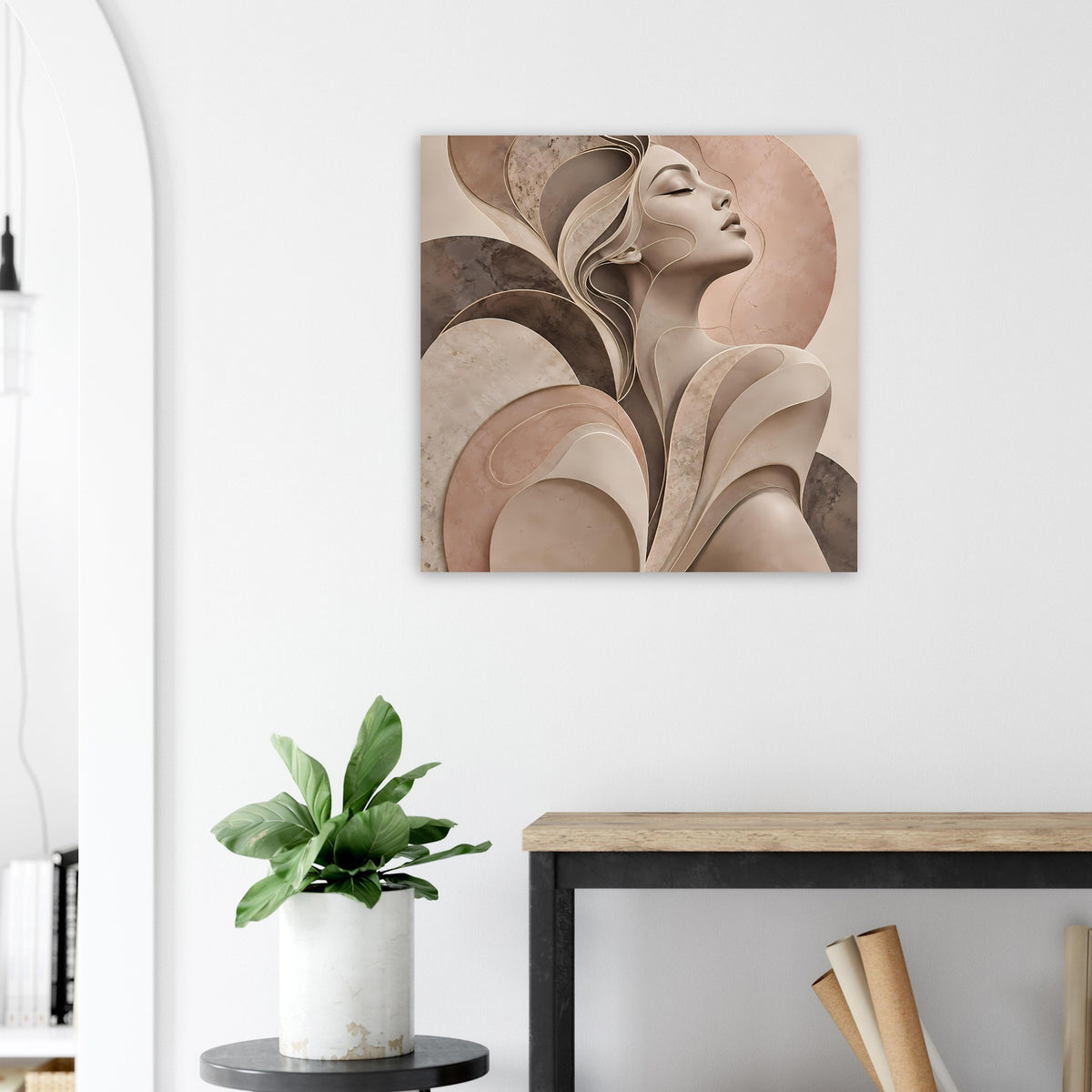 Abstraktes Frauenkunst-Poster mit Profilgesicht und Fächerformen in Erdtönen