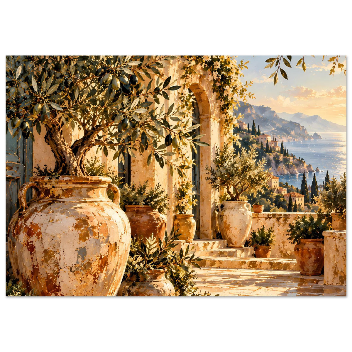 Poster mit mediterraner Terrasse, Olivenbaumzweigen und großen Keramikvasen vor Aussicht